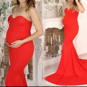 🎉New Red BumpFriendly Red Strapless Mermaid Maxi Dress with Front Slit andTrain